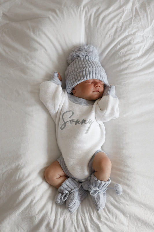 Blue and white personalised baby boy romper