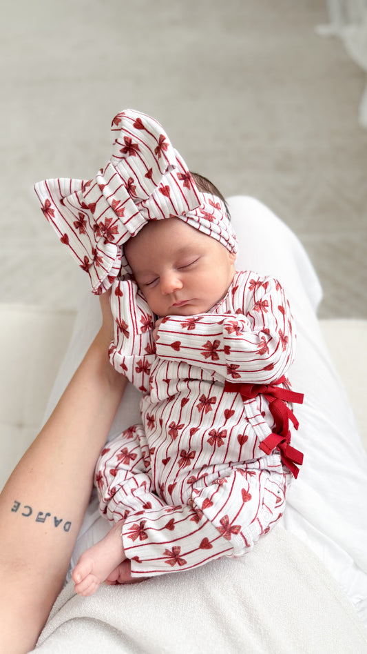 Christmas bow and heart kimono onesie