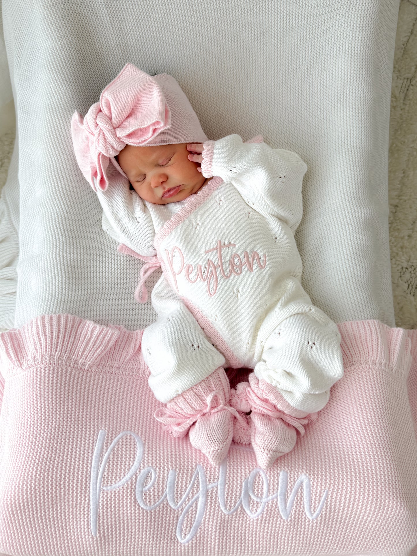 White with pink scallop kimono baby announcement romper