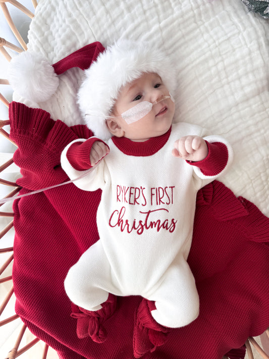 My first Christmas personalised long leg red trim romper