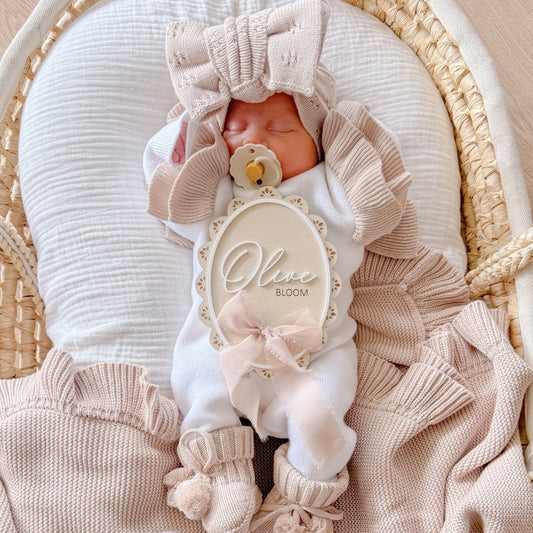 White with beige frill personalised baby romper