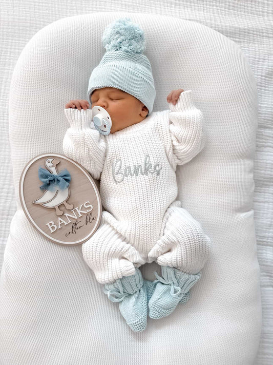 White chunky knit personalised newborn announcement romper