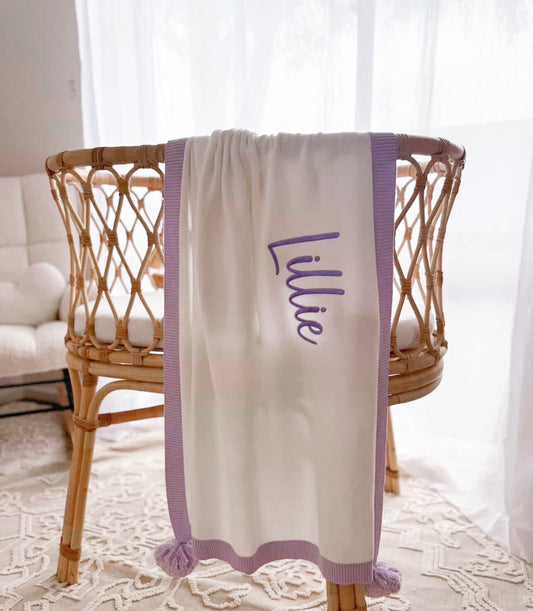 White and purple trim personalised pompom blanket