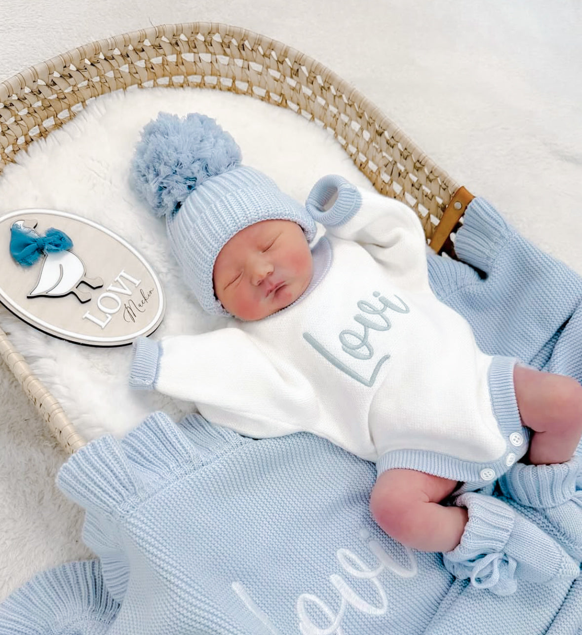 Blue and white personalised baby boy romper