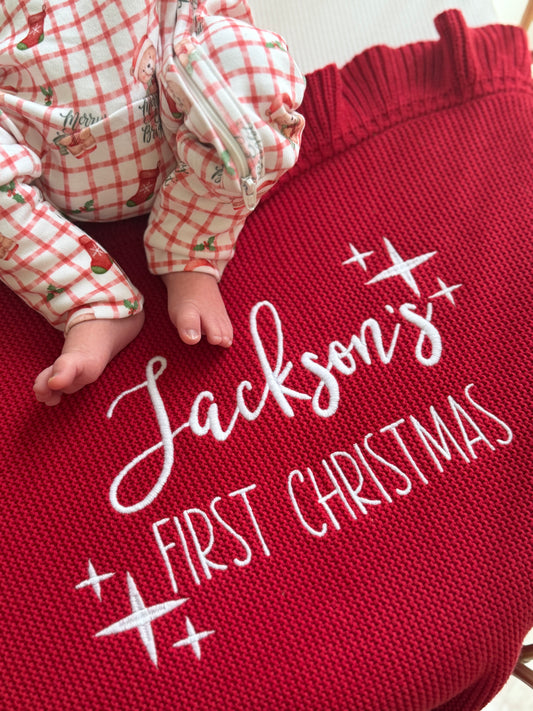 Red frill personalised first Christmas blanket
