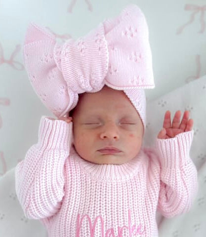 Pink newborn knit frill personalised announcement romper