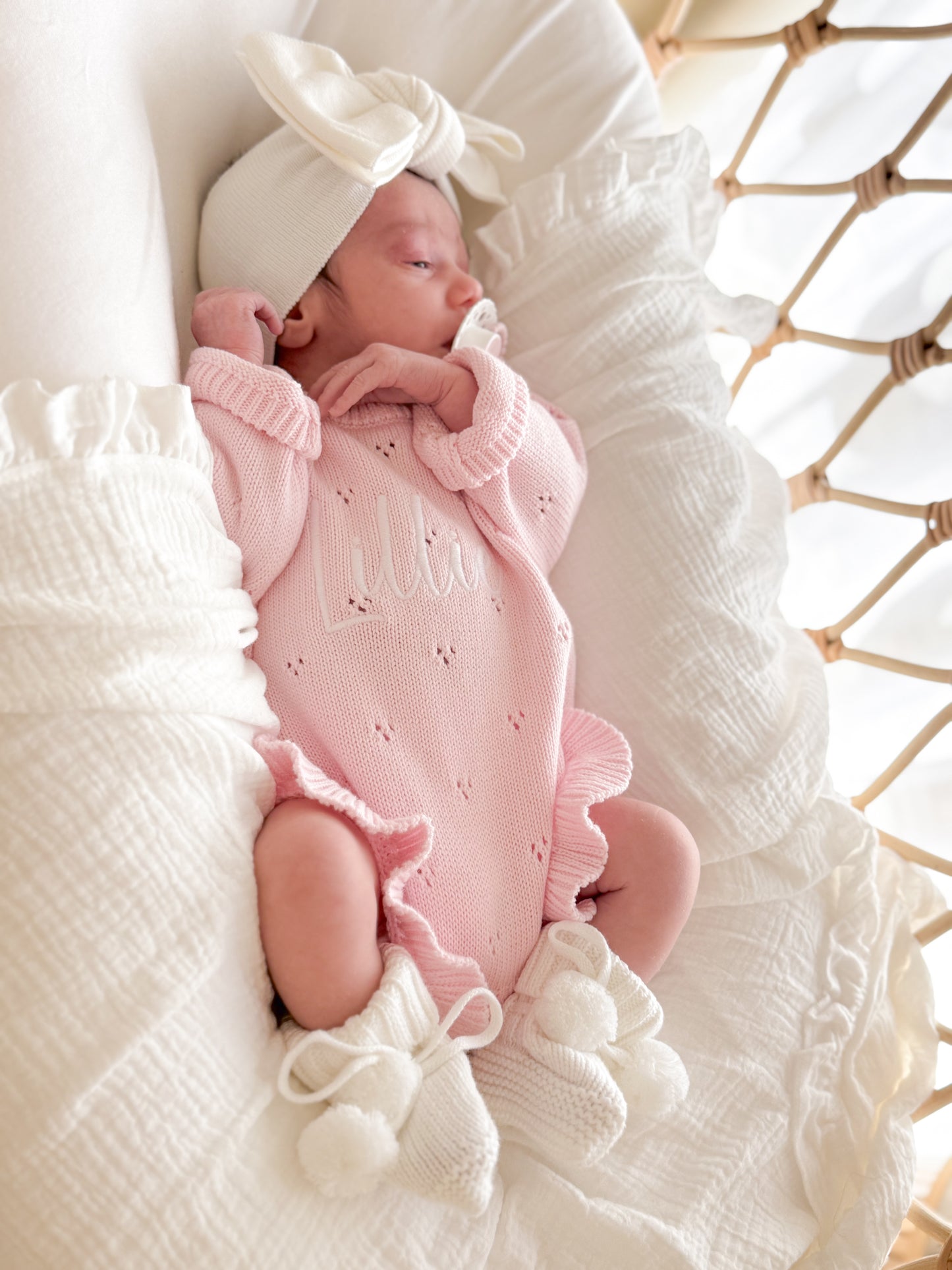 Pink pointelle frill baby announcement romper