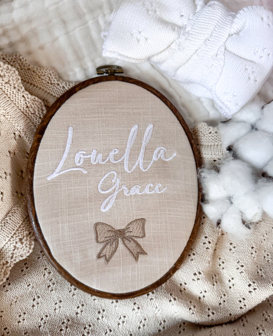 Embroidered vintage ribbon style baby name sign
