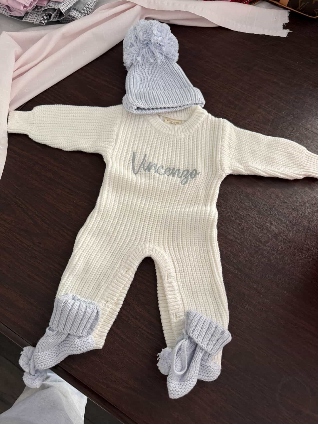 Dusty blue soft knit pompom baby booties