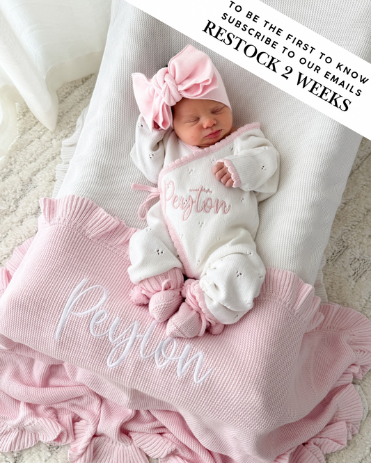White with pink scallop kimono baby announcement romper
