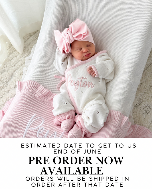 White with pink scallop kimono baby announcement romper
