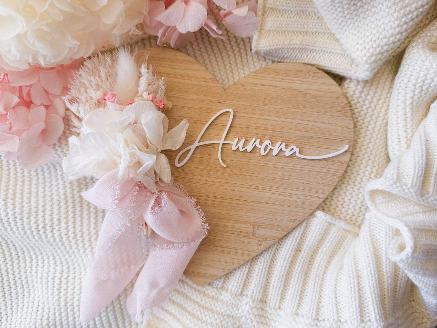 Wooden dried flower heart birth announcement sign