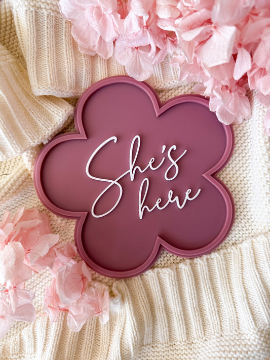 She’s here flower shape birth announcement