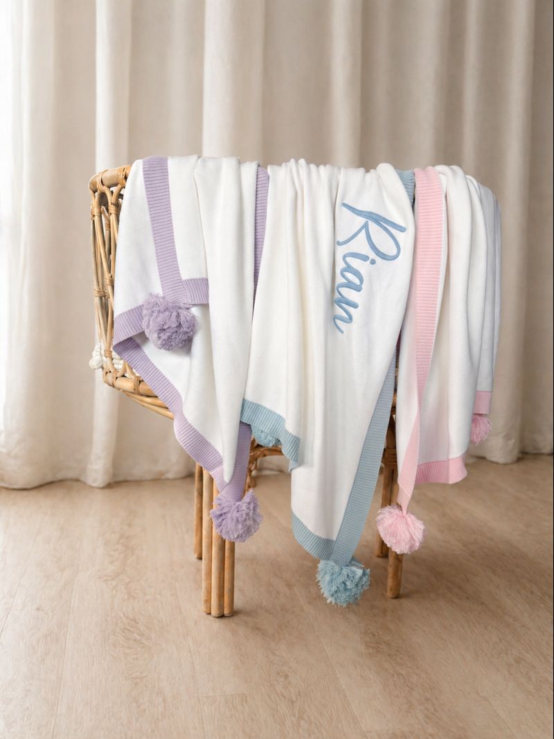 White and blue trim pompom personalised blanket