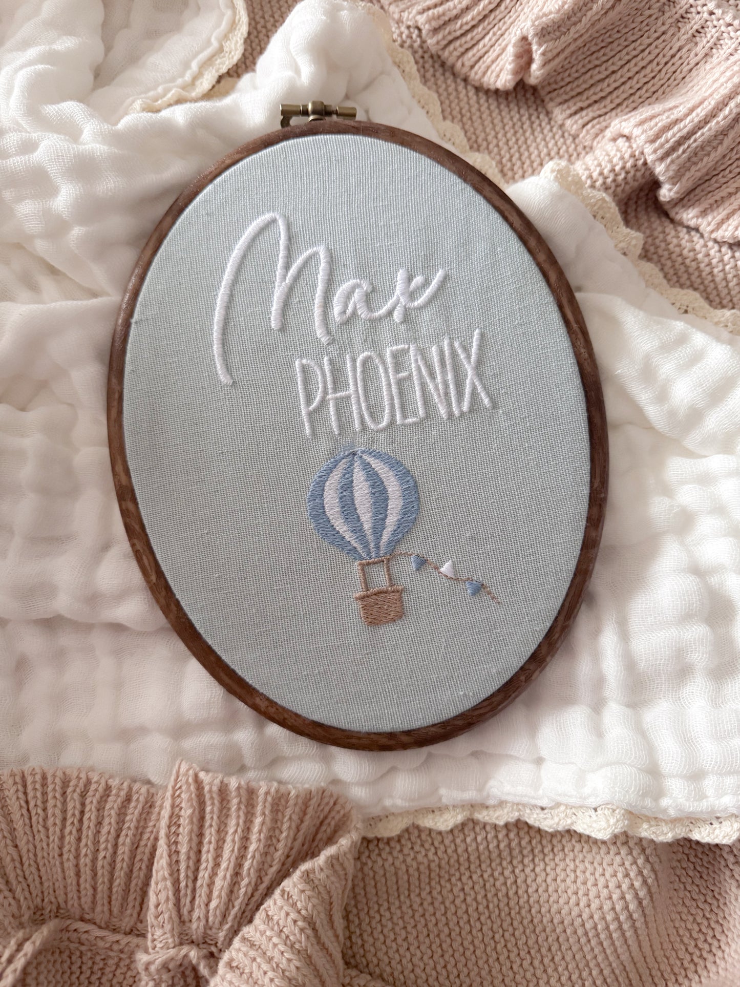 Embroidered hot air balloon vintage baby name sign