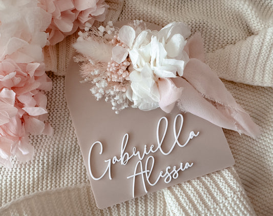 Dried flower acrylic birth announcement sign with pink ribbon