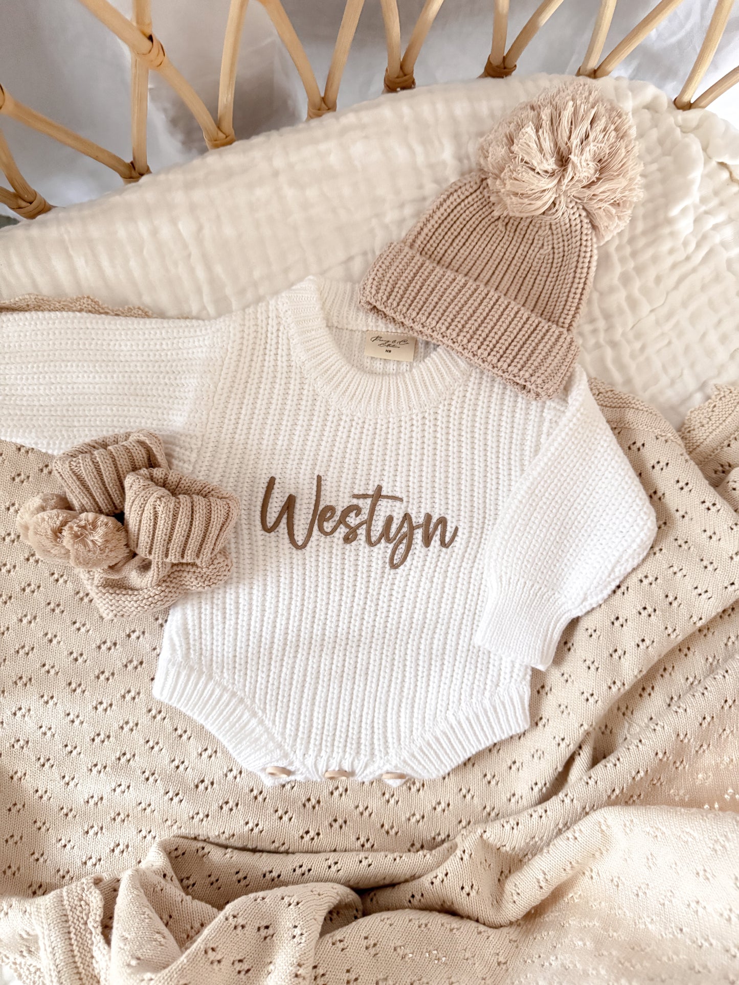 Chunky knit baby birth announcement romper