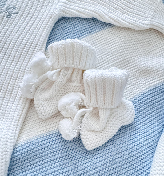 White soft knit pompom baby booties