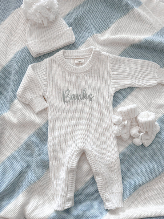 White chunky knit personalised newborn announcement romper