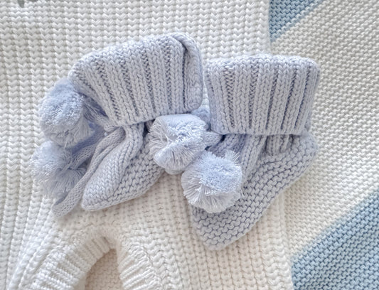 Dusty blue soft knit pompom baby booties