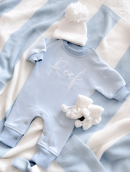 Baby blue fleece lined announcement romper