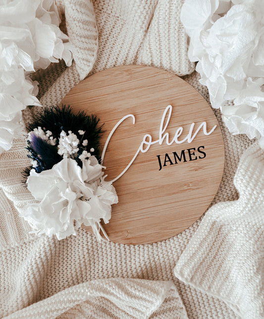 Baby boy birth announcement sign blue and white dried flowers