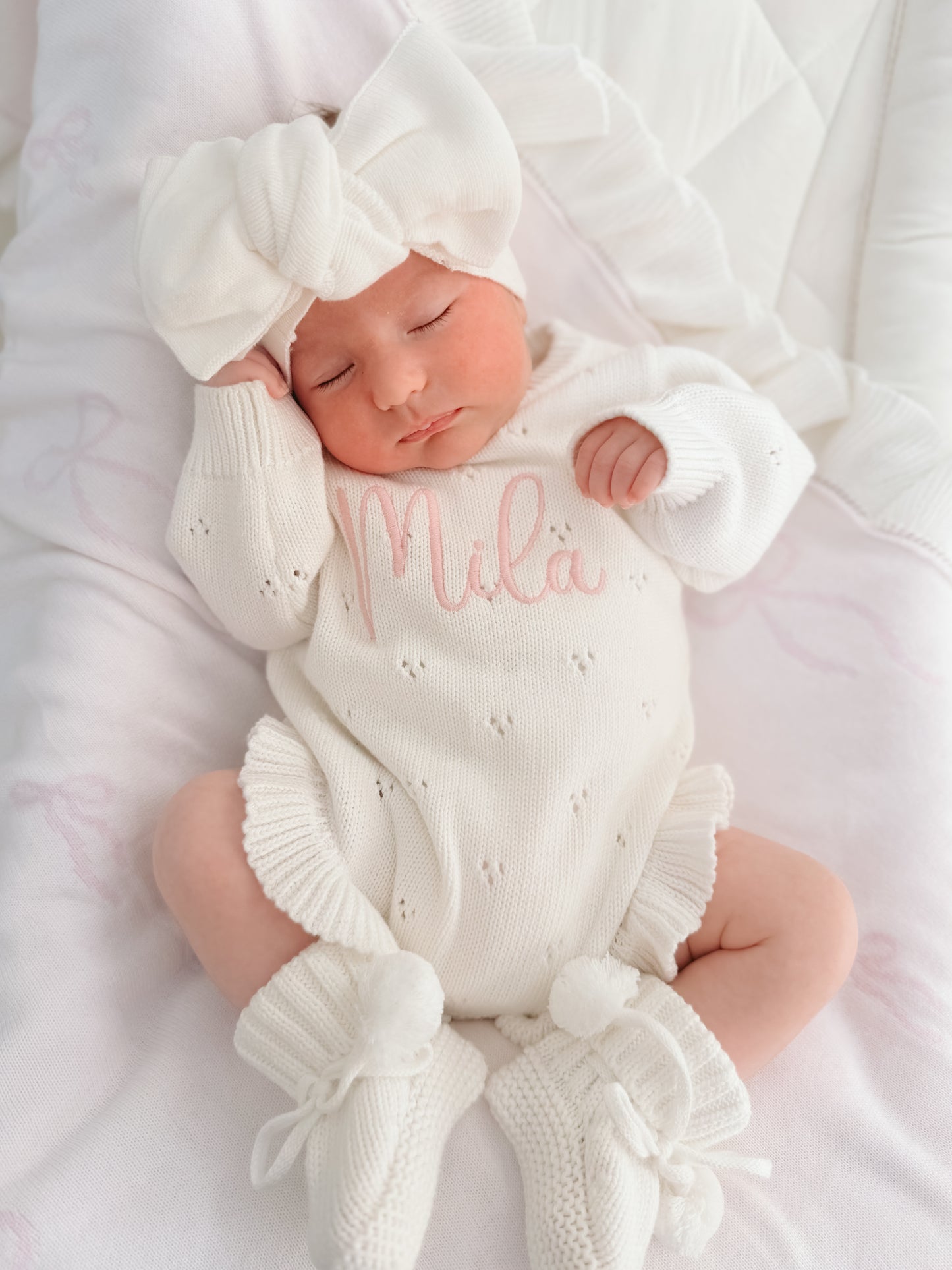White pointelle frill baby announcement romper