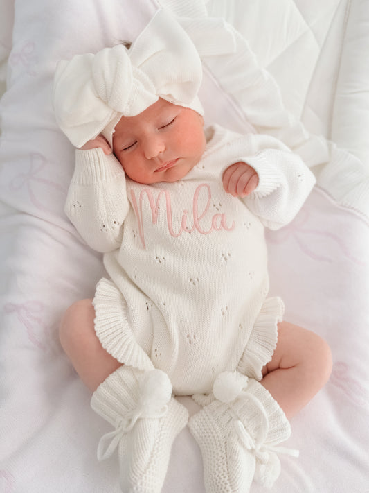 White pointelle frill baby announcement romper