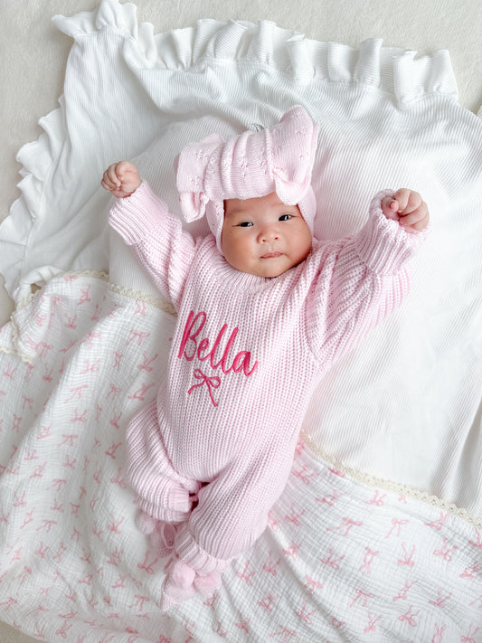 Pink chunky knit baby girl announcement romper