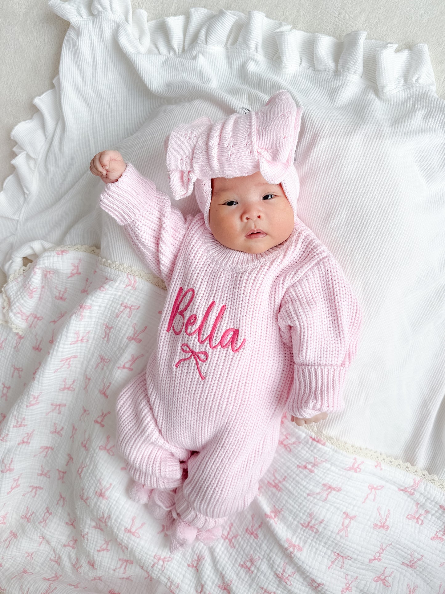 Pink chunky knit baby girl announcement romper