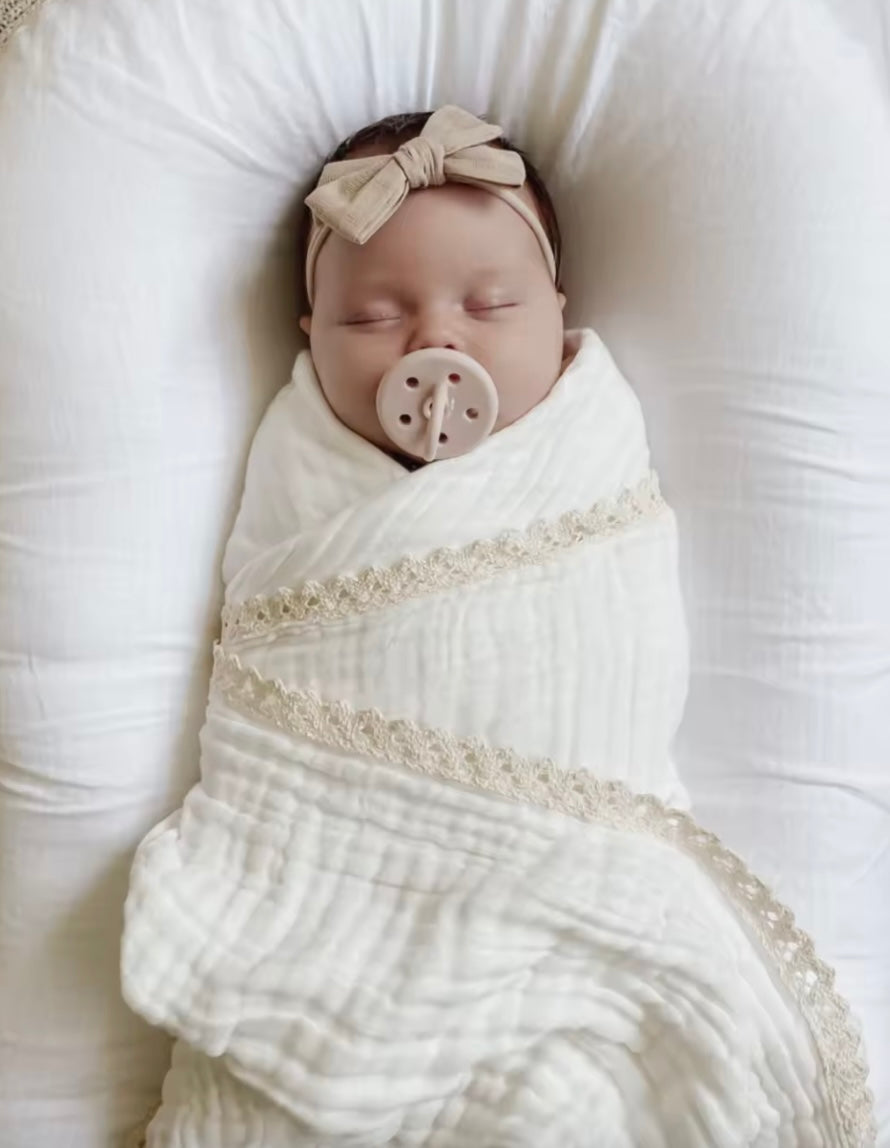Ivory with lace edge muslin baby wrap