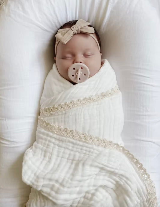 Ivory with lace edge muslin baby wrap