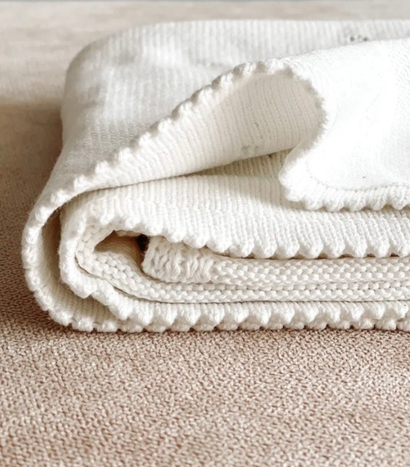 Heirloom pointelle knit milky white baby blanket