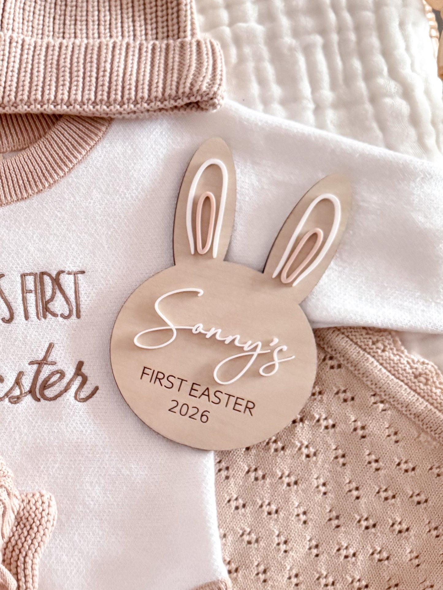 Personalised first Easter bunny sign wooden and acrylic