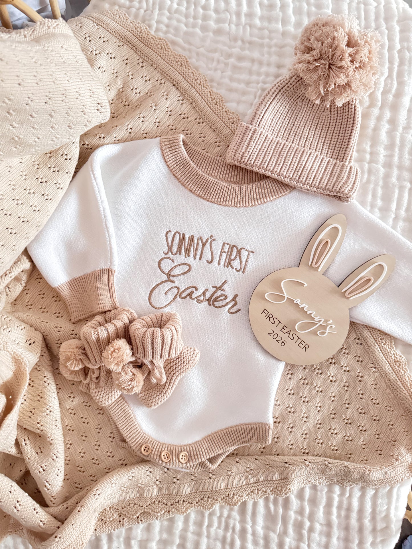 Beige and white personalised first Easter romper