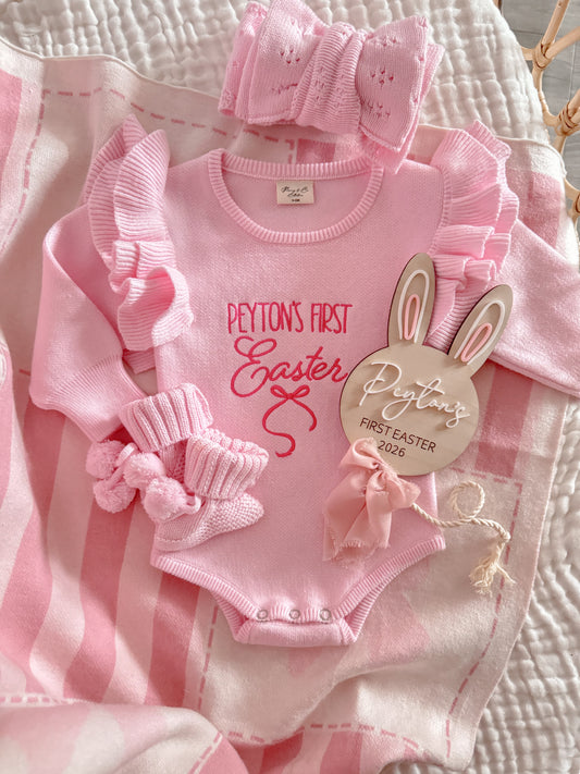 First Easter pink shoulder frill romper