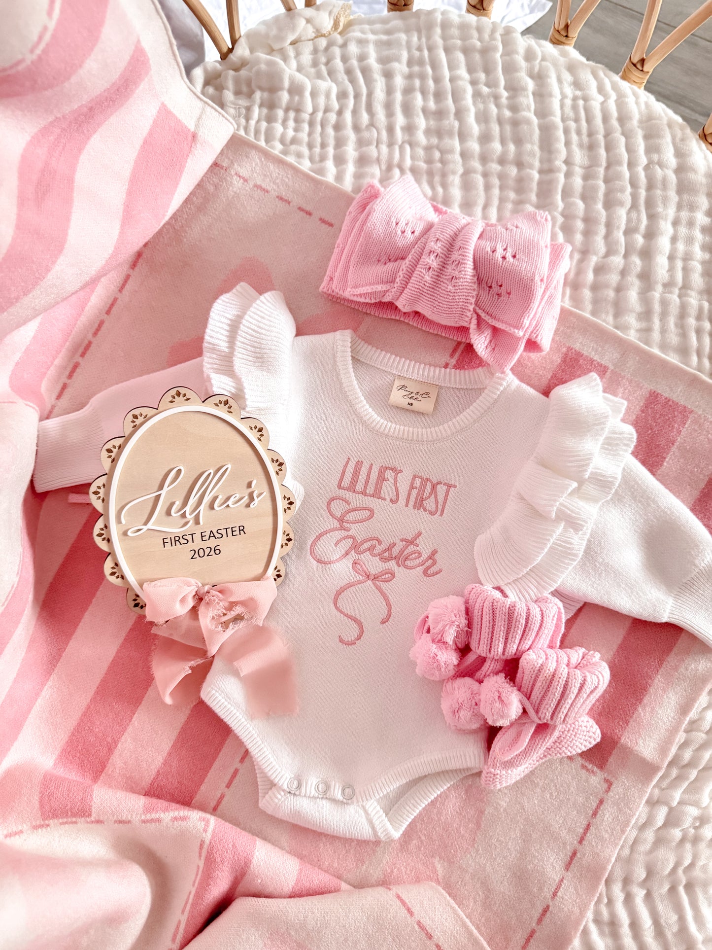 First Easter white pink shoulder frill romper