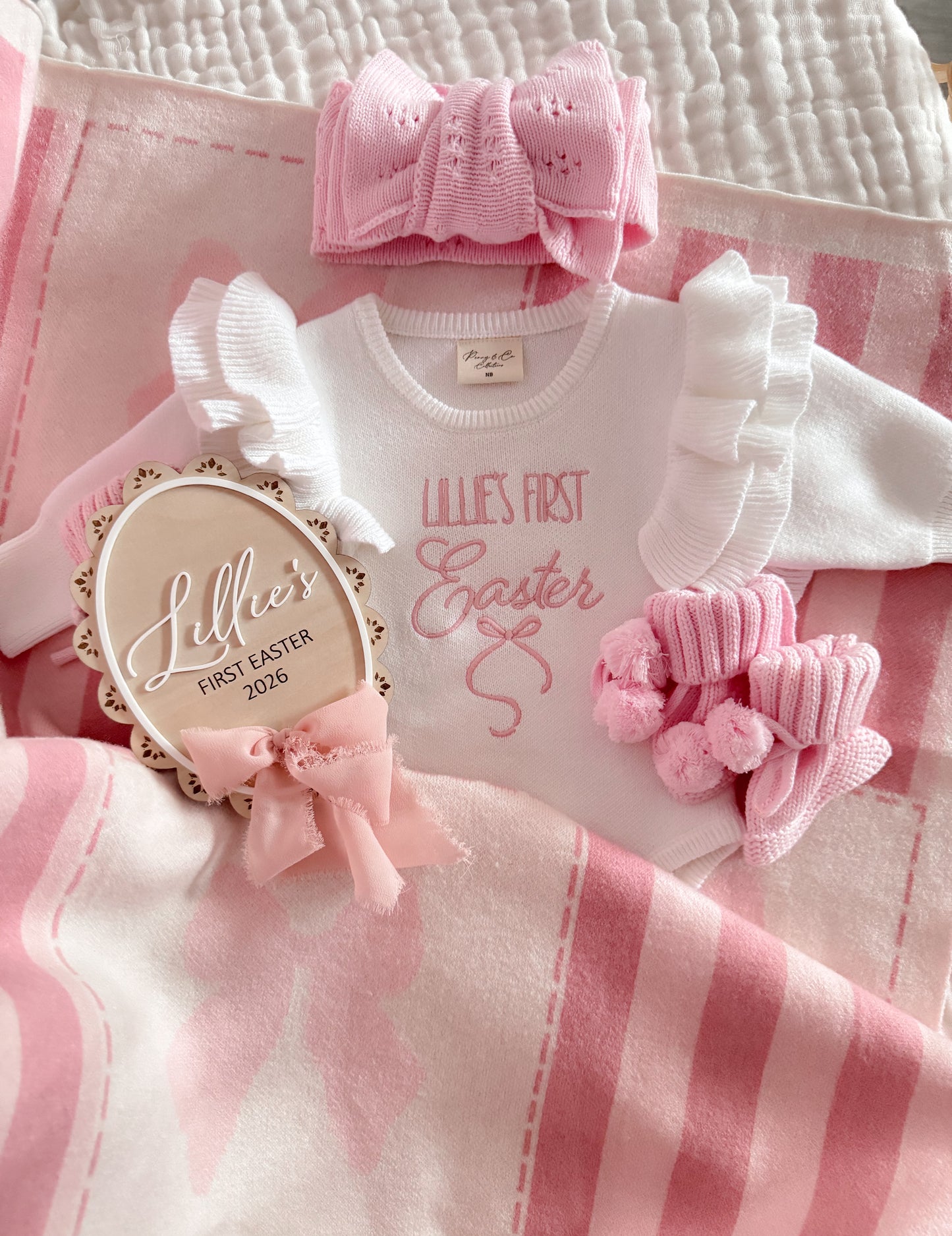 First Easter white pink shoulder frill romper