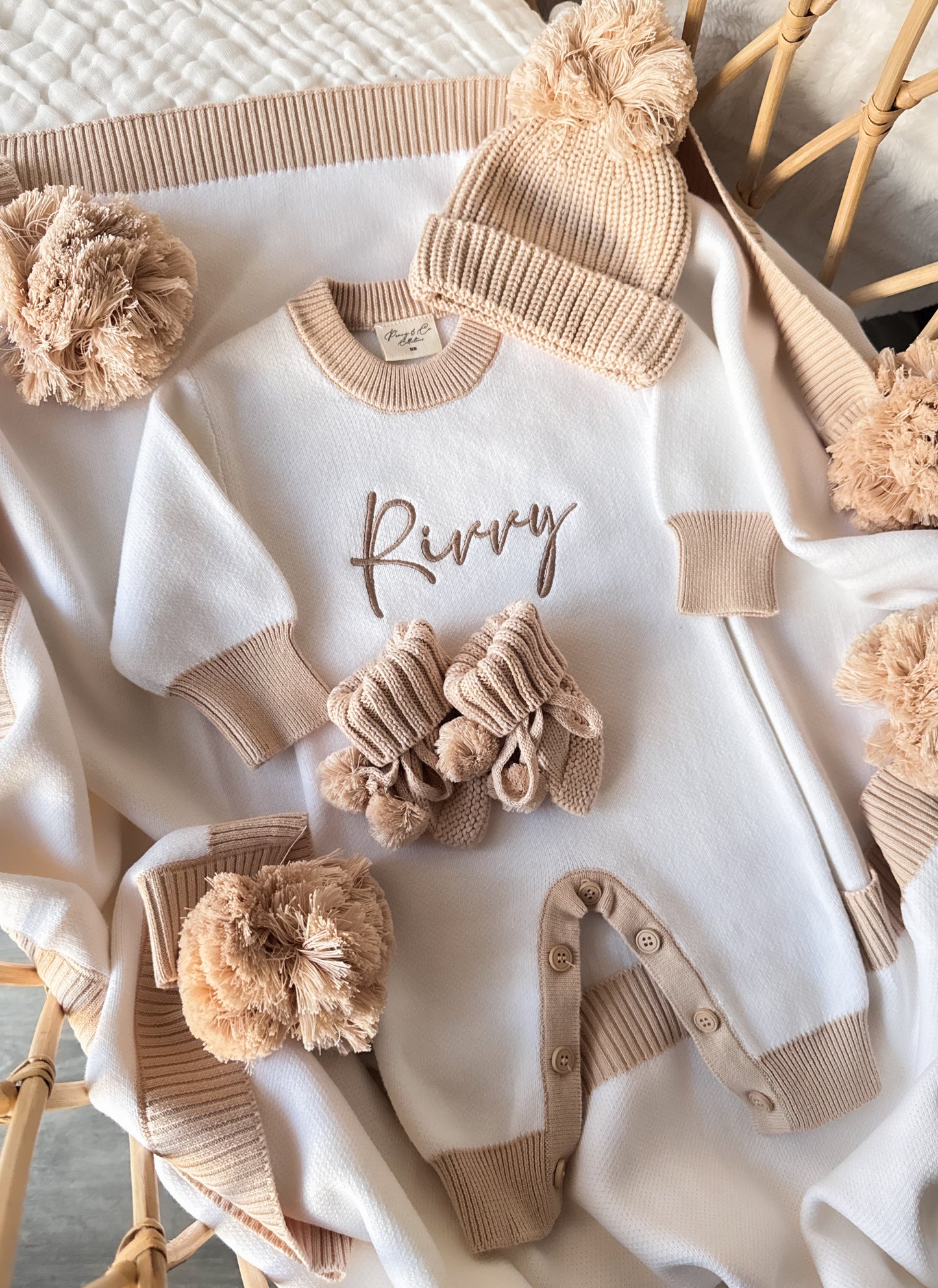 White and beige trim personalised baby romper