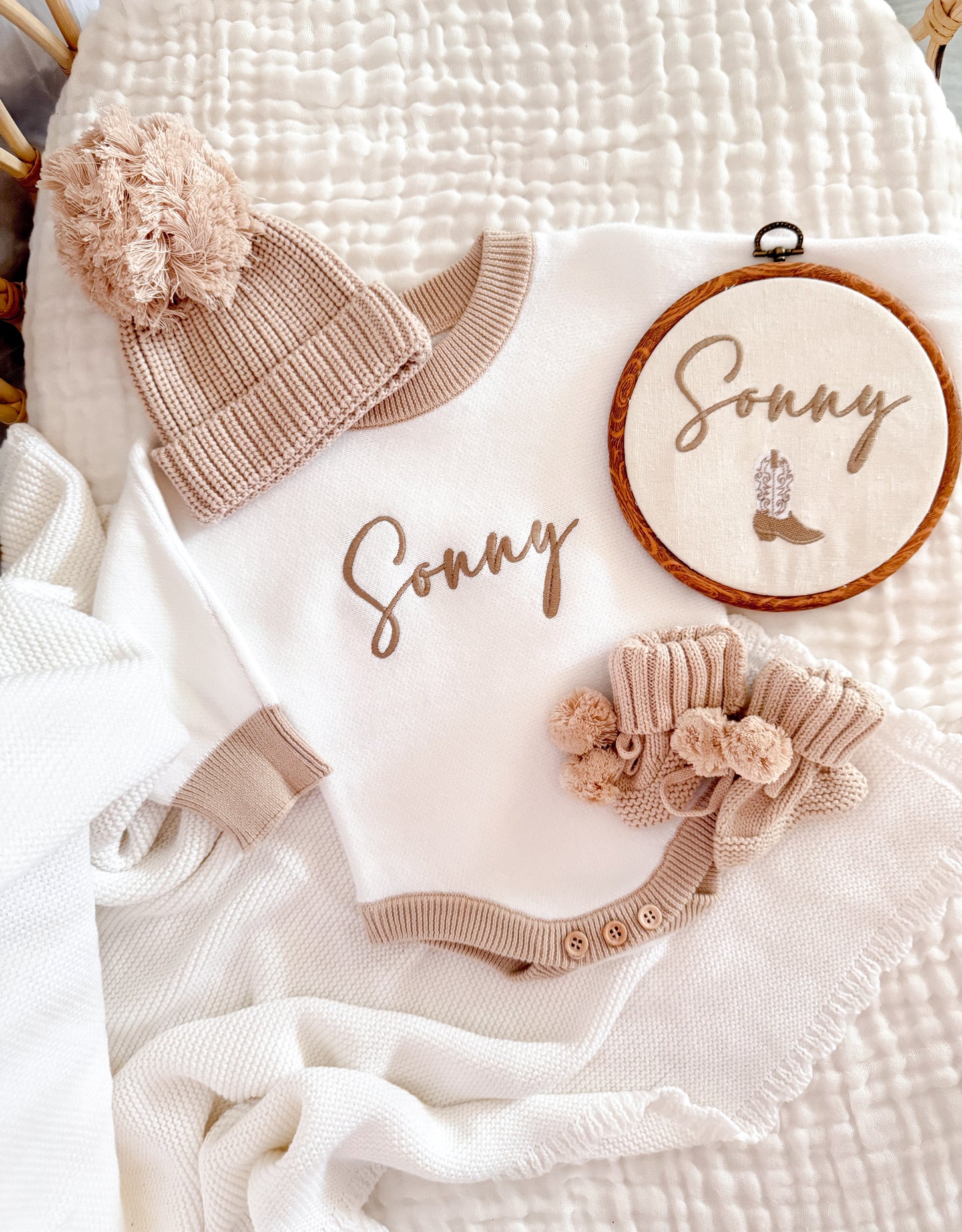 White and beige personalised baby romper