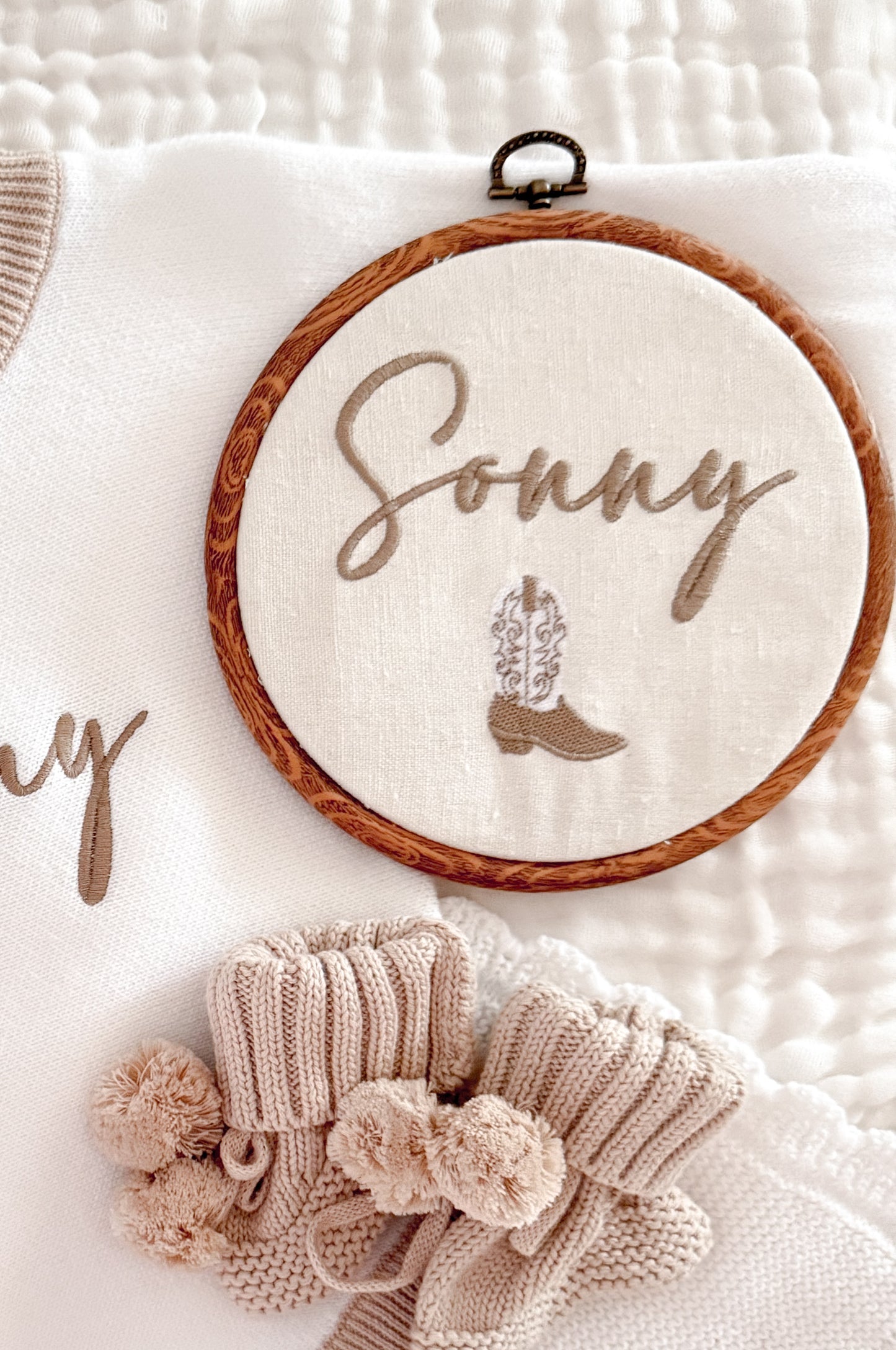 Embroidery round cowboy boot personalised baby sign
