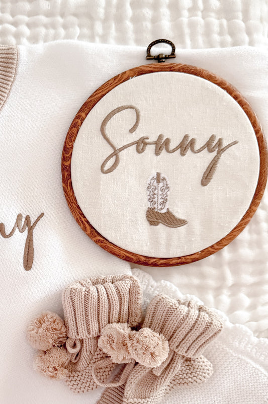 Embroidery round cowboy boot personalised baby sign