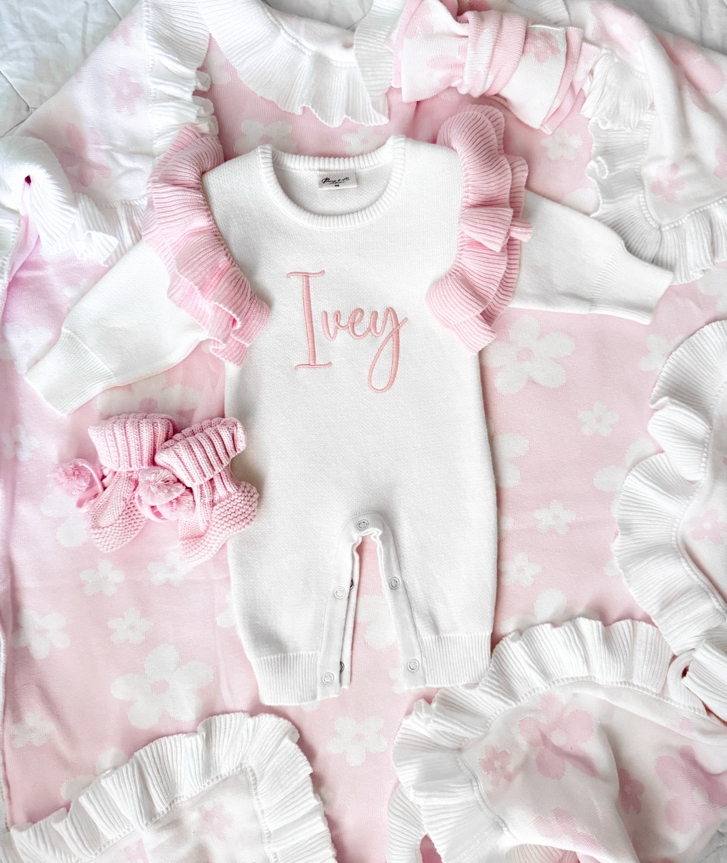 Pink and white frill reversible baby blanket