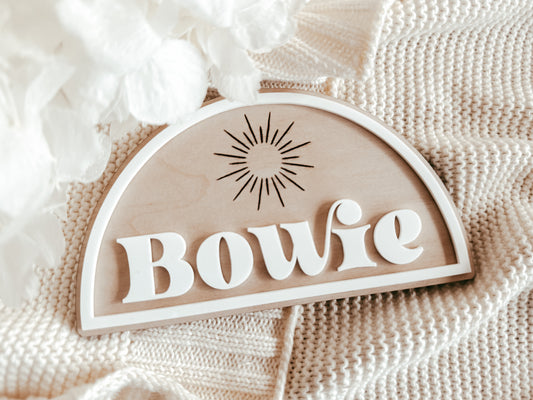 Boho half circle personalised birth announcement plaque