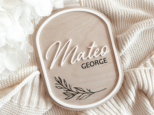 Neutral leaf personalised baby birth announcement sign