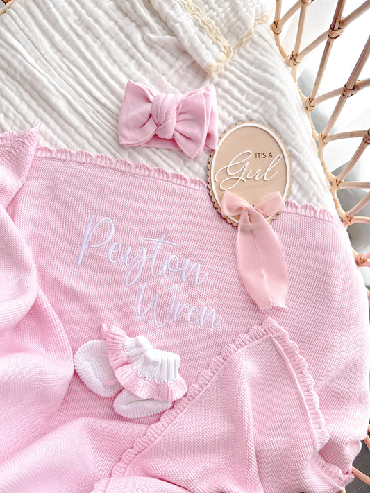 Pink personalised scallop edge baby blanket