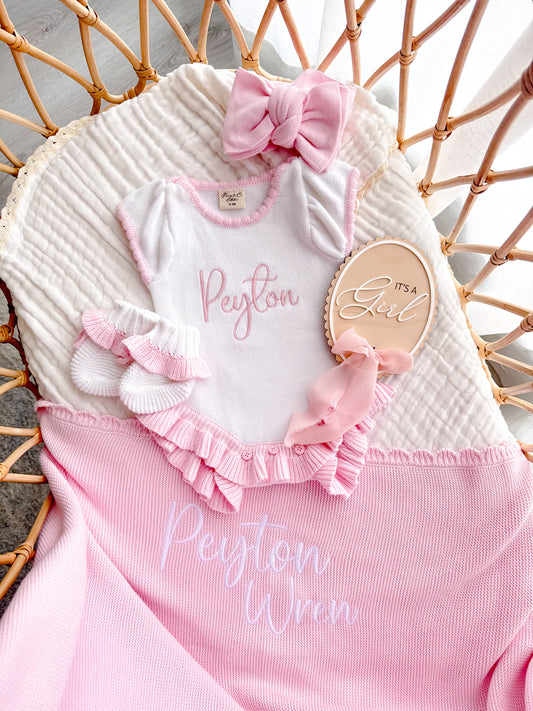 PRE ORDER white and pink scallop baby announcement outfit