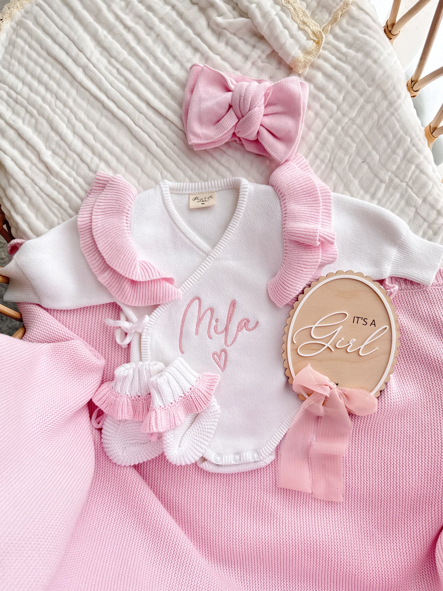 White and pink frill personalised baby kimono romper