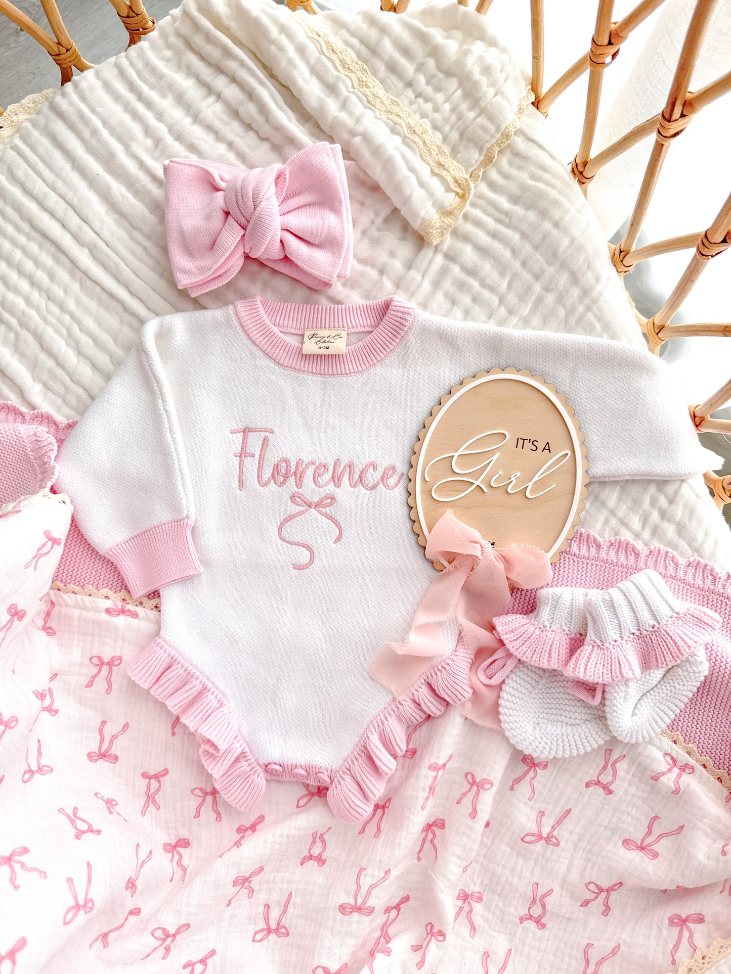 White and pink frill leg personalised baby romper