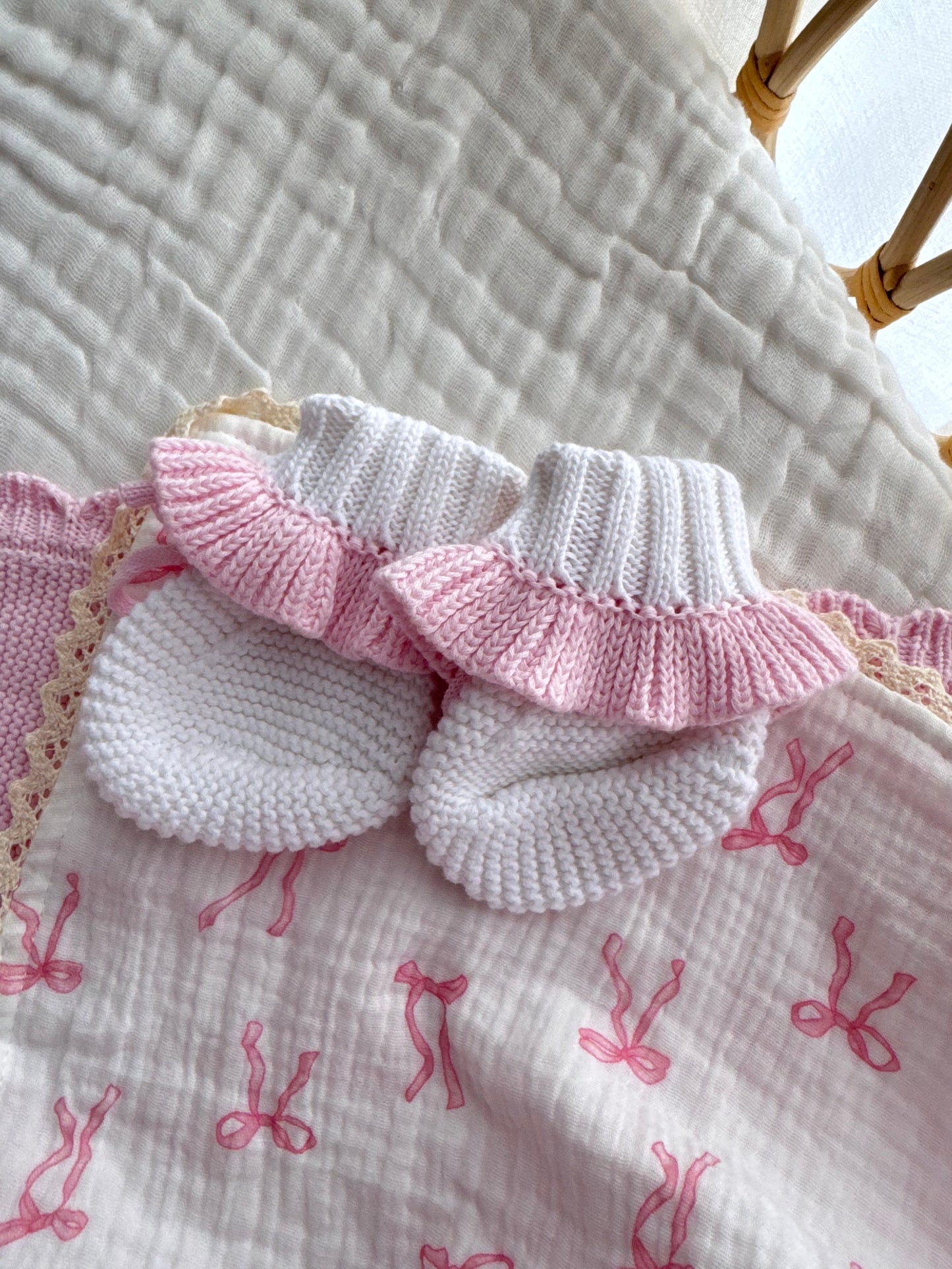 Pink and white frill baby booties
